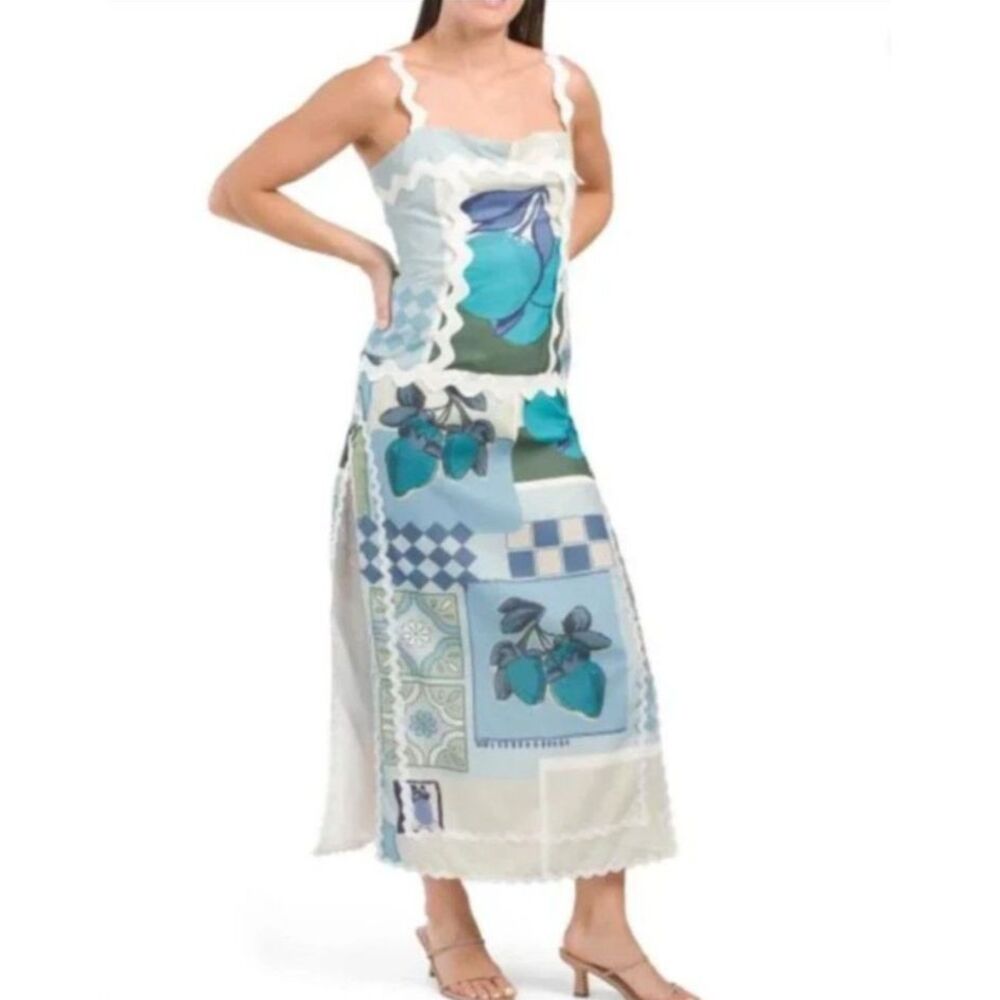 Dalia MacPhee Women's NWOT Blue Tuscan Tile Patchwork Sleeveless Maxi Dress S